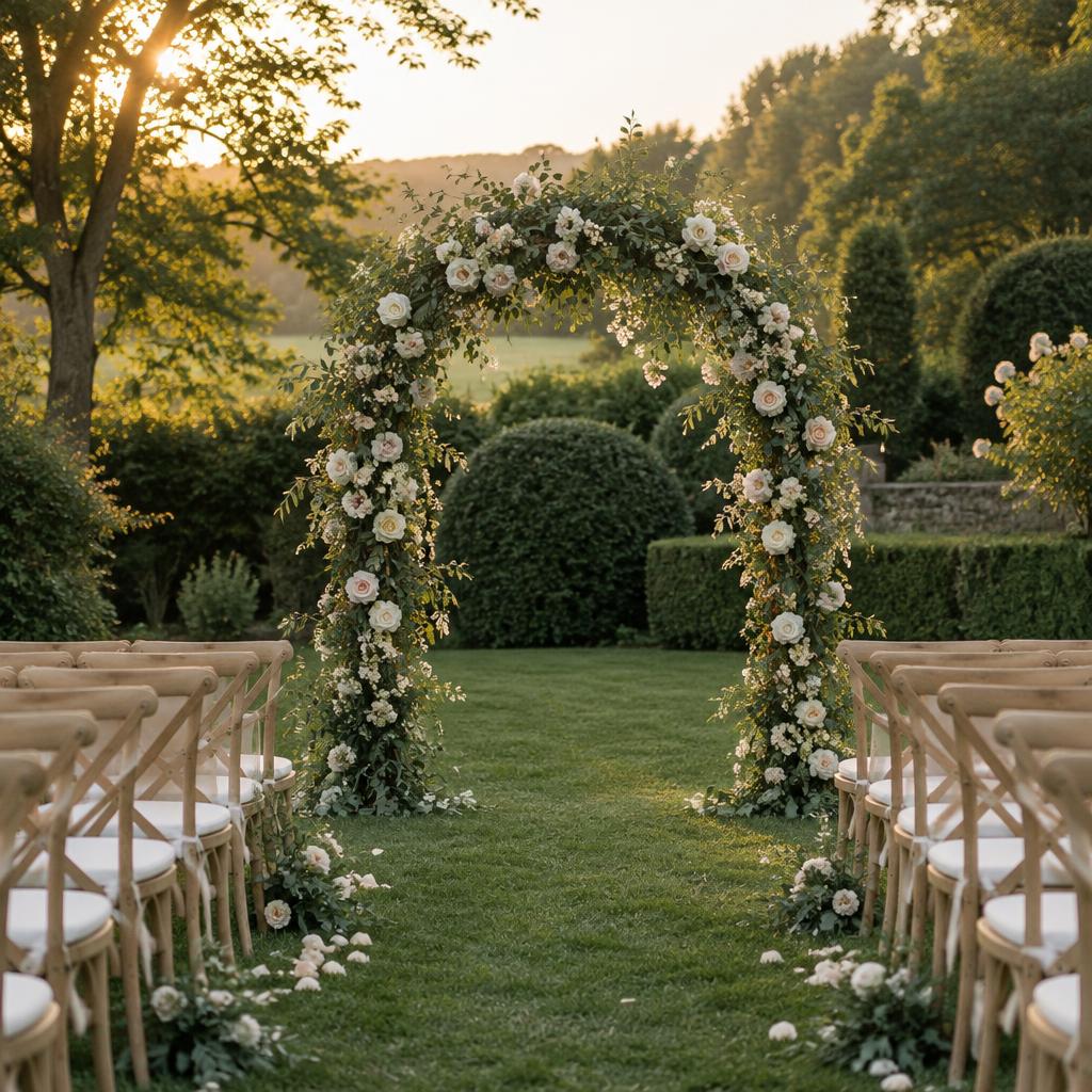 A floral ceremony arch in an English garden at golden hour
