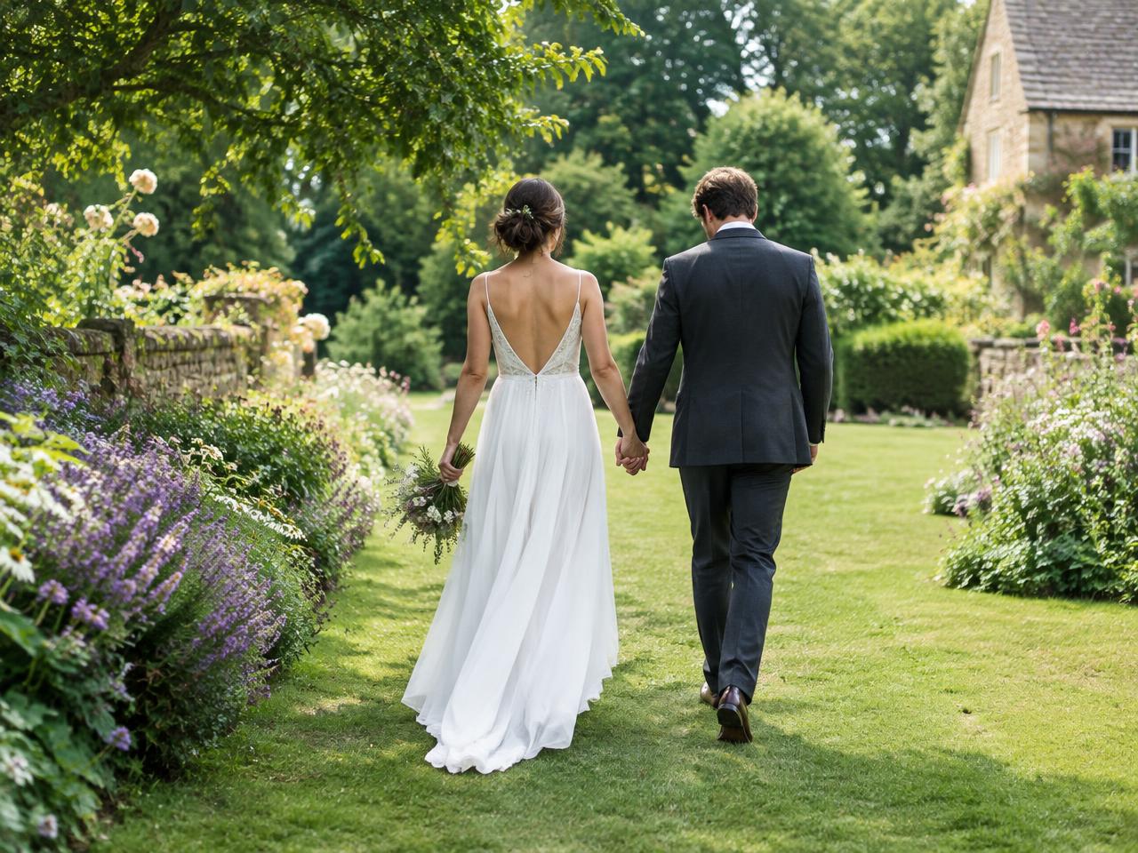 A newly married couple walking hand in hand through a garden, viewed from behind